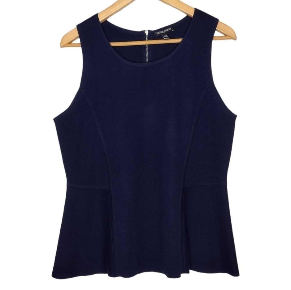Eileen Fisher Sz PL Silk Cotton Navy Blue Career Peplum Sleeveless Blouse